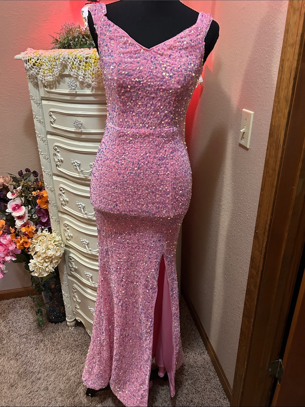 Sequin Pink V-Neck Prom Gown